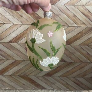 Floral glass Egg‎ Ornament with Green and White Accents hand painted 5”